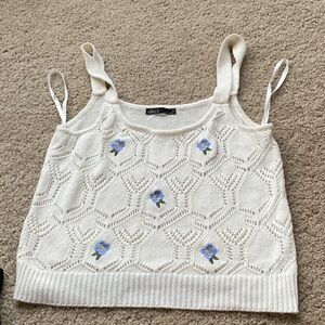 Urban Outfitters White Knit Tank with Blue Floral Accents